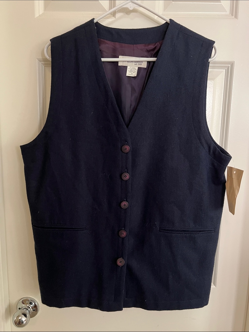 Appleseed's Navy Vest with Plum Lining